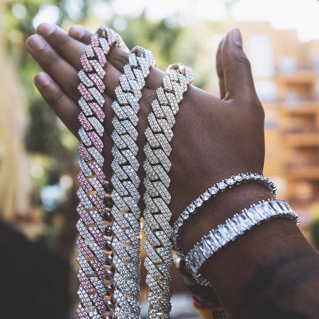 15mm Two Tone Iced Cuban Chain Pink & Silver