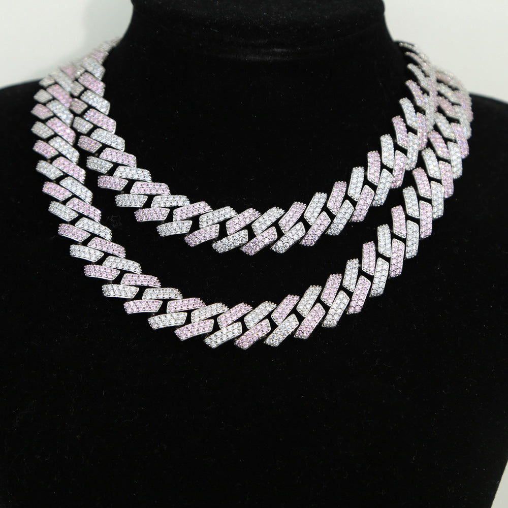 15mm Two Tone Iced Cuban Chain Pink & Silver