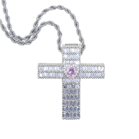 Baguette Cross w/ Pink Heart Stone