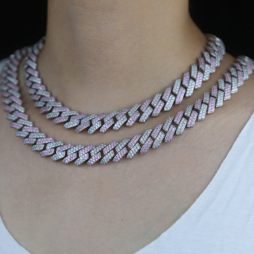 15mm Two Tone Iced Cuban Chain Pink & Silver