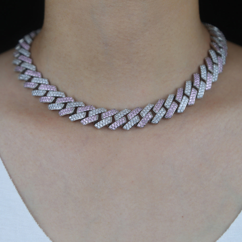 15mm Two Tone Iced Cuban Chain Pink & Silver